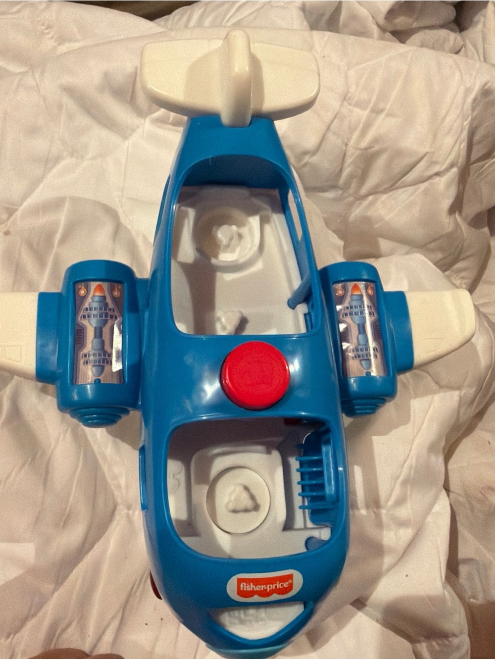 Fisher-Price Blue and White Toy Airplane with Red Button